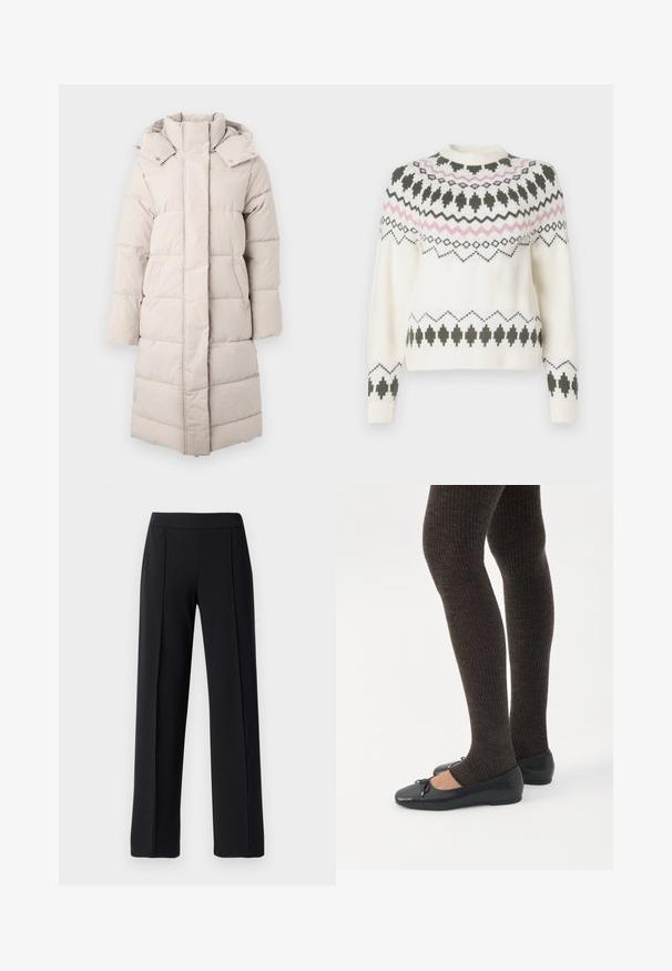 Puffjakke i lys beige med høj krave, vandret syninger, påsyede lommer og en lang, lige silhuet. Blød, glat tekstur.; Hvid strikket sweater med sorte og pink geometriske mønstre over brystet, ærmerne og kanten, med rund halsudskæring og ribbede manchetter.; Svarte skræddersyede bukser med bred ben-design, lavet af et glat, strækbart stof; har frontfolder og en elastisk talje.; Ben iført mørke ribbede leggings kombineret med sorte balletsko med små sløjfedetaljer på hvid baggrund.