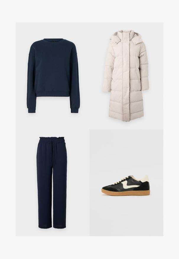 Doudoune en beige clair avec un col montant, des coutures horizontales, des poches plaquées et une silhouette droite et longue. Texture douce et lisse.; Sweatshirt bleu marine en tissu doux, avec un col rond, des manches longues et des poignets et un ourlet côtelés. Design simple sans embellissements.; Pantalons larges bleu marine avec taille papeterie élastiquée et lien de serrage, fabriqués à partir d'un tissu léger et texturé.; Baskets en daim et cuir noir avec un swoosh latéral crème et un talon crème clair. Dotées de lacets beige et d'une semelle en caoutchouc gomme.