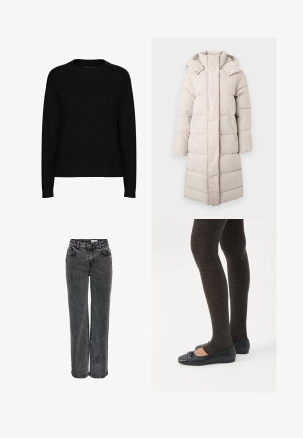 Puffermantel in hellbeige mit hohem Kragen, horizontaler Steppung, aufgesetzten Taschen und einer langen, geraden Silhouette. Weiche, glatte Textur.; Schwarzer Langarm-Pullover mit Rundhalsausschnitt, geripptem Kragen, Bündchen und Saum, aus weichem strukturiertem Stoff.; Schwarze Jeans aus Denim mit einem geraden Bein Design, inklusive Fronttaschen, Gürtelschlaufen und einer dezenten, ausgewaschenen Textur.; Beine in dunklen, gerippten Leggings kombiniert mit schwarzen Ballerinas mit kleinen Schleifendetails auf weißem Hintergrund.