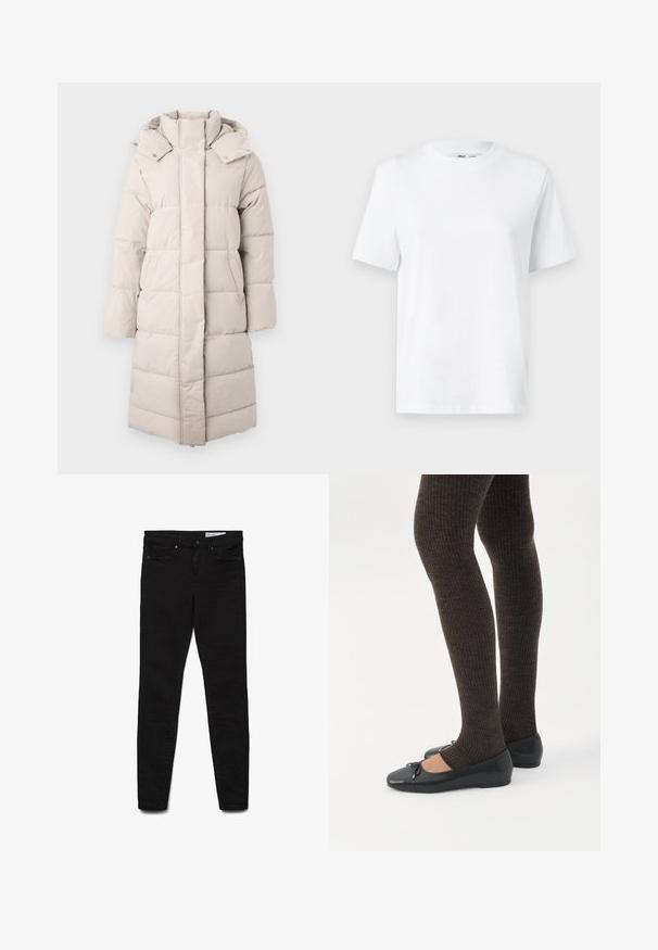 Puffjakke i lys beige med høj krave, vandret syninger, påsyede lommer og en lang, lige silhuet. Blød, glat tekstur.; Hvid bomulds T-shirt med rund hals, kortærmet og en glat tekstur. Designet med en afslappet pasform for komfort og alsidighed.; Sorte skinny jeans lavet af denimstof, med klassisk design med fem lommer, lynlås og diskrete syningsdetaljer.; Ben iført mørke ribbede leggings kombineret med sorte balletsko med små sløjfedetaljer på hvid baggrund.