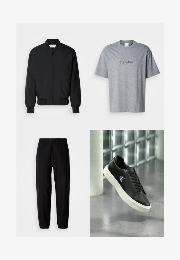 Sort bomberjakke lavet af glat stof, med en frontlynlås, ribbede manchetter og en klassisk krave. Minimalistisk design uden mønstre.; Grå bomulds t-shirt med korte ærmer, rund halsudskæring og et trykt "Calvin Klein" logo i en mørkere nuance på brystet.; Sorte træningsbukser med elastisk talje, tapered ben og manchetter. Glat stoftekstur. Logo detalje på siden.; Sort lædersneaker med hvid gummisål og "CK Calvin Klein"-logo på siden, vist mod en baggrund af glasskifter.