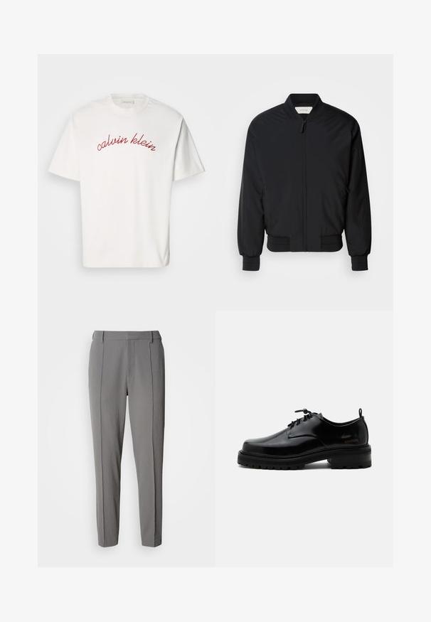 Sort bomberjakke lavet af glat stof, med en frontlynlås, ribbede manchetter og en klassisk krave. Minimalistisk design uden mønstre.; Hvid bomulds t-shirt med korteærmer, der har buet rød broderet tekst "calvin klein" tværs over brystet. Klassisk crew neck design.; Calvin Klein PULL ON - Bukser - pewter; Sort poleret læder snørestøvle med tyk gummisål og lav hæl, sideskilt med mærketekst "SAMSOE" og bageste træksnor.
