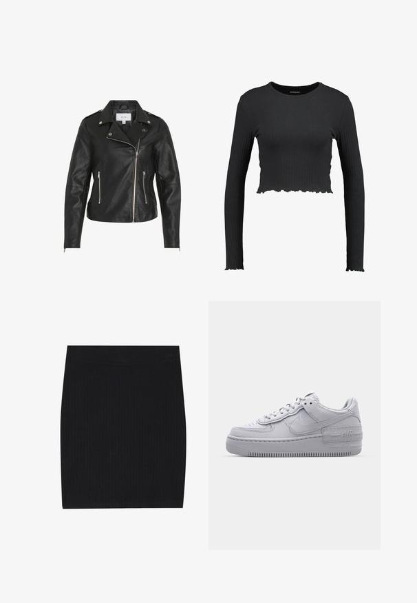 Veste de moto en cuir noir avec une fermeture éclair asymétrique, quincaillerie en argent, deux poches zippées et coutures structurées.; Crop top noir à manches longues côtelé avec un col rond et un ourlet ondulé. Fabriqué dans un matériau extensible pour un look ajusté.; Mini-jupe en tricot côtelé noir avec un design ajusté, texture lisse et taille élastique pour plus de confort.; Basket en cuir lisse gris Nike Air Force 1 avec un bout perforé, une semelle épaisse et un détail 'AIR' en relief sur le talon.