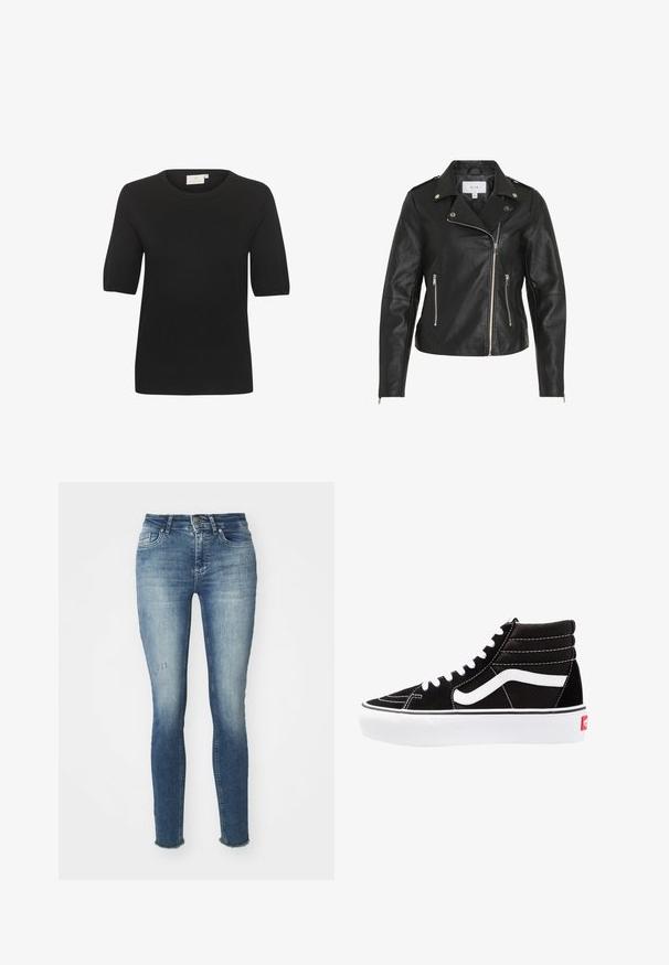 Veste de moto en cuir noir avec une fermeture éclair asymétrique, quincaillerie en argent, deux poches zippées et coutures structurées.; Top en maille noir à manches courtes avec un col rond. Présente une texture lisse et un design simple. Étiquette visible au niveau du cou.; Jeans skinny en denim, avec un effet délavé, de légères distorsions sur le devant, et des ourlets effilochés au niveau des chevilles.; Baskets montantes noires avec des lacets blancs, un logo blanc et des coutures blanches contrastées. Dotées d'une épaisse semelle blanche et d'un dessus en daim texturé.