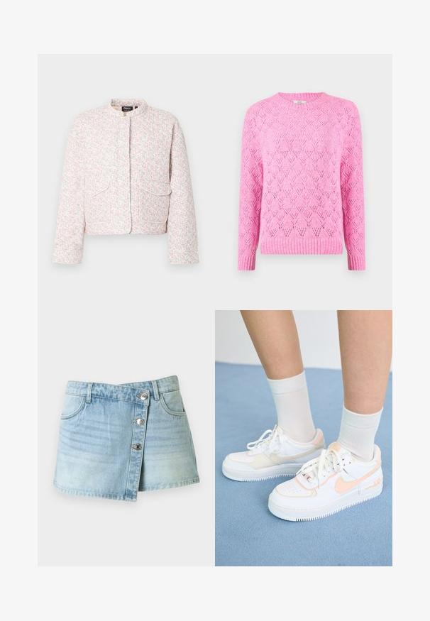 Hvid kort jakke med pink og grøn blomsterprint, ståkrave, lange ærmer og to forlommer med klap.; Lyserød strikket sweater med et tekstureret diamantmønster, ribbet krave og manchetter, lange ærmer og en let løs pasform.; Lyseblå denim mini nederdel med knaplukning foran, to forlommer og bæltestropper, vist på ensfarvet baggrund.; Hvide sneakers med ferskenfarvede detaljer, glat læderoverdel, perforeret tå, struktureret sål og snørebånd. Båret med hvide ankelstrømper på en blå overflade.