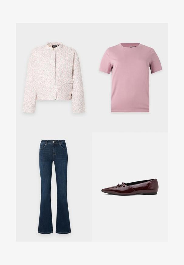 Chaqueta blanca corta con estampado floral en rosa y verde, cuello alto, mangas largas y dos bolsillos frontales con solapa.; Camiseta simple de algodón rosa suave de manga corta con cuello redondo, mostrada sobre un fondo plano de color gris claro.; Vaqueros de mezclilla azul oscuro con cintura de altura media, estilo de cinco bolsillos y pierna acampanada, mostrados planos sobre un fondo blanco.; Bailarinas de charol burdeos con puntera puntiaguda y un lazo decorativo en la parte delantera. Textura suave con un tacón bajo y plano.