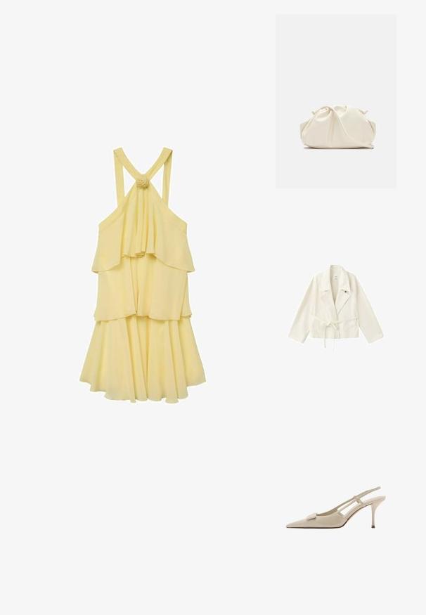 Off-white bæltejakke med brede revers, lange ærmer og forlommer, vist fladt på en hvid baggrund.; Gul lagdelt kjole med et flydende design, der har spaghetti stropper og en rynket ryg. Pyntet med en blomsterdetalje ved stropperne.; Beige højhælede slingback-sko med spids tå, slank stiletthæl og en dekorativ firkantet detalje på tåen.; Blød, cremefarvet læder clutch taske med samlet, rynket design og en tynd skulderrem, der hviler foran på en ensfarvet baggrund.