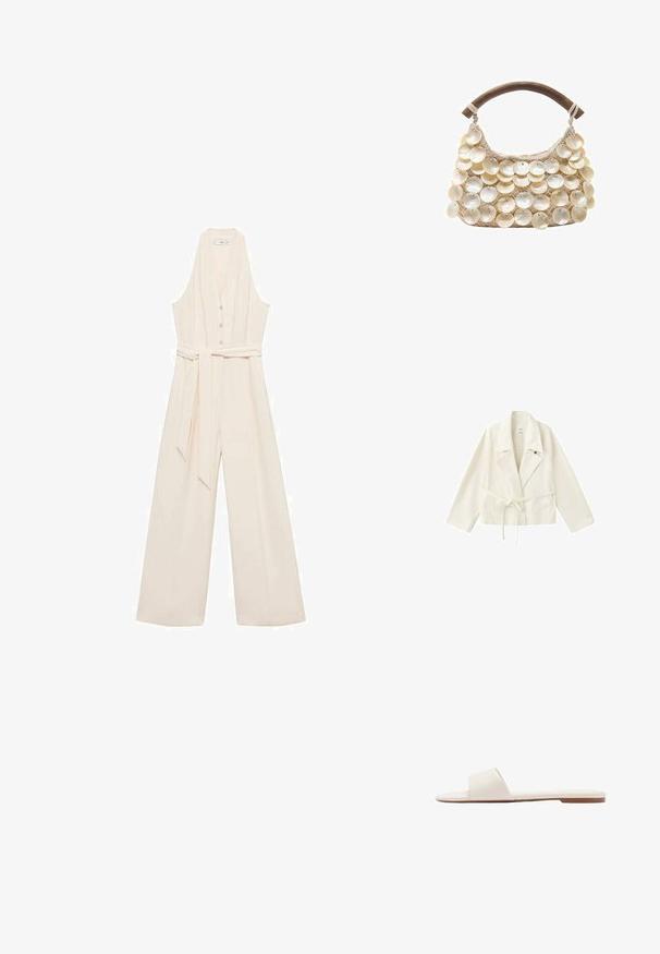 Off-white bæltejakke med brede revers, lange ærmer og forlommer, vist fladt på en hvid baggrund.; Cremefarvet jumpsuit med dyb V-udskæring, knaplukning foran, brede ben og et matchende taljebælte for en skræddersyet silhuet.; Flad hvid slide-sandal med bred enkeltrem og tynd brun sål, vist i sideprofil på hvid baggrund.; Håndvævet beige taske med træhåndtag, pyntet med rækker af store, runde perlemorsskaller, der dækker forsiden.