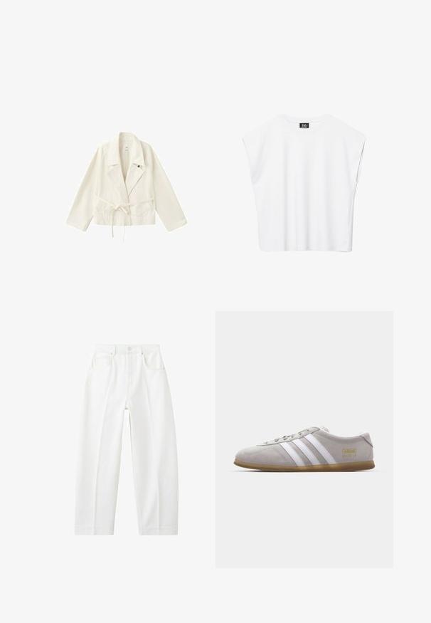 Veste ceinturée blanc cassé avec larges revers, manches longues et poches plaquées à l'avant, présentée à plat sur un fond blanc.; Haut court blanc sans manches à encolure ronde avec épaules larges et étiquette noire "B6" à l'intérieur du col.; Jean blanc à taille haute, coupe droite, avec poches avant, passants pour ceinture et fermeture par bouton.; Baskets en daim gris avec des rayures en cuir blanc et un logo doré. Semelle en gomme plate, bout rond et design classique à lacets.