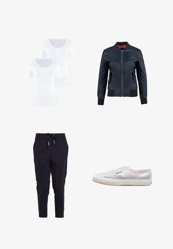 Chaqueta bomber de color navy con cierre de cremallera, bolsillos laterales, puños acanalados y forro interior naranja. Fabricada en un material suave y ligero.; Dos camisetas blancas de manga corta con cuello redondo, hechas de suave tela de algodón, que presentan una textura lisa y un diseño limpio.; ONLY ONLPOPTRASH PIPING PANT - Pantalones deportivos - night sky; Zapatillas plateadas con purpurina y suela de goma blanca, con puntera redonda, diseño de cordones y un parche con el logo en el lateral.