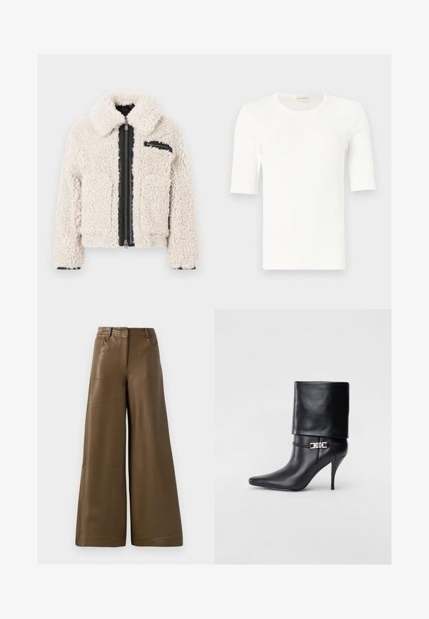 Chaqueta de sherpa color crema con cierre de cremallera negro y un pequeño bolsillo con cremallera en el lado derecho del pecho, mangas largas y cuello doblado.; Camiseta blanca de manga corta de punto acanalado con cuello redondo, mostrada sobre un fondo gris claro.; Pantalones de pierna ancha hechos de suave cuero sintético marrón. Presentan una cintura alta, cuatro bolsillos y una cremallera frontal. Textura lisa y diseño minimalista.; Botín de cuero negro hasta el tobillo con punta afilada, tacón alto de aguja, puño doblado y un detalle decorativo de hebilla dorada en el tobillo.