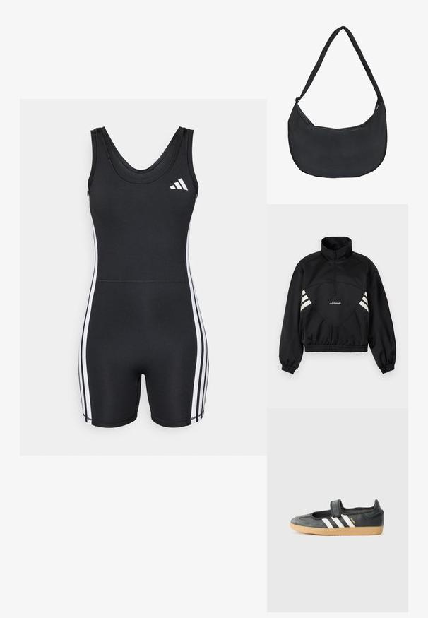 Veste à enfiler noire Adidas avec demi-fermeture éclair, bandes latérales blanches, poignets élastiques et ourlet élastique sur fond uni.; adidas Performance ONESIE - Combinaison d'échauffement - black/white; Sneaker en cuir noir et suède avec une sangle Velcro, arborant trois bandes blanches et une semelle en caoutchouc, étiqueté "SAMBA" sur le côté.; Sac d'épaule en tissu noir avec une forme incurvée et une longue bandoulière unique, avec une fermeture éclair en haut.