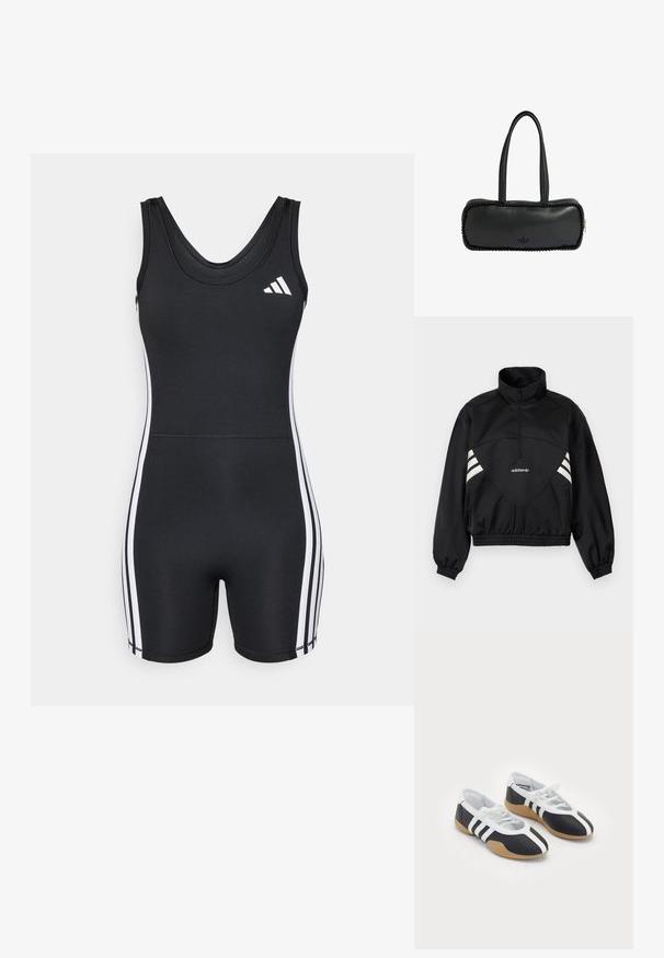 Veste à enfiler noire Adidas avec demi-fermeture éclair, bandes latérales blanches, poignets élastiques et ourlet élastique sur fond uni.; adidas Performance ONESIE - Combinaison d'échauffement - black/white; Baskets de sport noir et blanc au design élégant, semelle en caoutchouc, fermeture à lacets et trois rayures blanches sur les côtés.; Sac à main rectangulaire noir avec de longues doubles poignées, une bordure de perles le long des bords, et un petit logo Adidas au centre en bas.