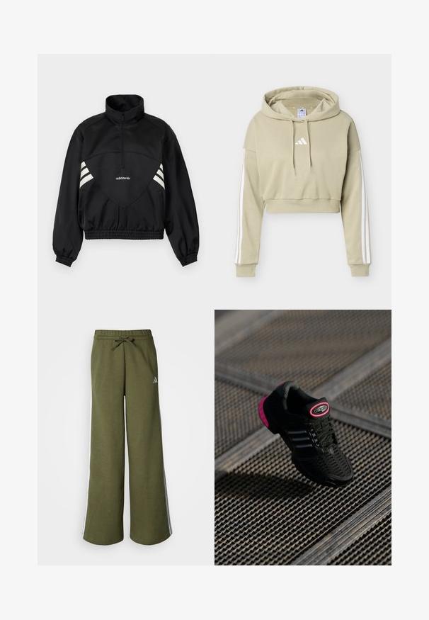 Čierna pulóverová bunda Adidas s polovičným zipsom, bielymi bočnými pruhmi, elastickými manžetami a elastickým lemom na jednofarebnom pozadí.; Béžová cropovaná mikina s kapucňou s bielym logom Adidas na hrudi a tromi bielymi pruhmi vedúcimi po každom rukáve, vybavená kapucňou so sťahovacou šnúrkou.; Široké olivovo zelené tepláky z mäkkého materiálu s nastaviteľným pásom so šnúrkou a bielymi pruhmi na bokoch. Logo Adidas v striebornej farbe.; Čierna športová obuv s priehľadnou vrchnou časťou, ružovými akcentmi a čiernymi pruhovanými detailmi. Obsahuje štruktúrovanú podrážku a štítok s logom na päte.