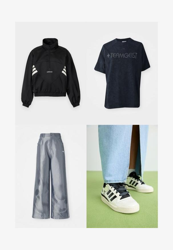 Must Adidase pullover-jakk pool lukuga, valgete küljeribade, elastsete mansettide ja elastse äärega ühtlasel taustal.; Must dekiga t-särk pehmest kangast, millel on tekstuuriline muster ja mida kaunistavad sädelevad kivid, mis kirjutavad "+TEAMGEIST."; Laiad püksid läikivast hallist materjalist, valgete külgtriipudega ja põlevate mustritega alumistes jalgades. Nööp ja lukku kinnitamine vööl.; Valged nahast tossud mustade aktsentide ja paeltega. Omavad kolme musta triipu, augulist varbaosa ja tekstureeritud kummist talla.