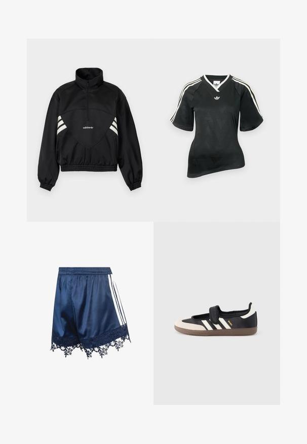 Schwarze Adidas Pulloverjacke mit halbem Reißverschluss, weißen Seitenstreifen, elastischen Bündchen und elastischem Saum auf schlichtem Hintergrund.; Schwarzes Sportshirt mit V-Ausschnitt, kurzen Ärmeln und strukturiertem Chevron-Muster. Mit weißen drei-Streifen-Akzenten auf den Schultern und Logo.; Marineblaue Satinshorts mit elastischem Bund, weißen seitlichen Streifen und floraler Spitzenverzierung am Saum.; Schwarzer und beiger Sneaker mit Klettverschluss, drei weißen Streifen an der Seite und einer strukturierten braunen Gummisohle. Markenlogo sichtbar.