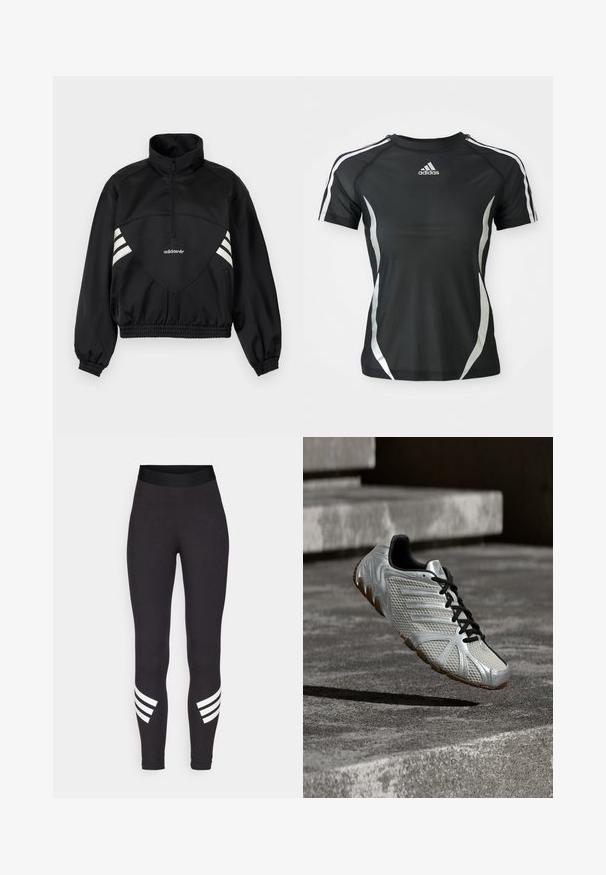 Veste à enfiler noire Adidas avec demi-fermeture éclair, bandes latérales blanches, poignets élastiques et ourlet élastique sur fond uni.; T-shirt de sport à manches courtes noir Adidas avec des rayures blanches sur les épaules et des accents courbés argentés sur les côtés.; Leggings noirs en tissu extensible, dotés d'une large taille élastique et de trois rayures blanches horizontales près des bas des jambes.; Chaussure de sport Adidas argent et noire avec un design texturé et une semelle marron, suspendue au-dessus d'une surface en béton gris et des marches.