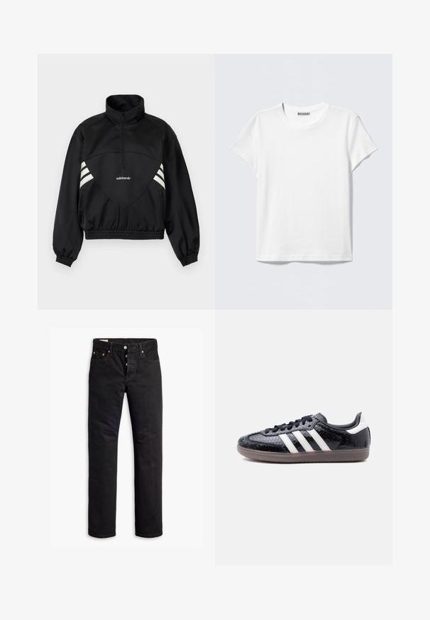 Čierna pulóverová bunda Adidas s polovičným zipsom, bielymi bočnými pruhmi, elastickými manžetami a elastickým lemom na jednofarebnom pozadí.; Jednoduché biele tričko s krátkym rukávom a okrúhlym výstrihom s označením "WEEKDAY" vo vnútri goliera, zobrazené na svetlo šedom pozadí.; Čierne denimové džínsy so strihom do rovna, dizajnom na päť vreciek a zapínaním na gombíky. Obsahujú meďou potiahnuté nitové doplnky a jemné švy.; Nízky čierny teniska s textúrou pripomínajúcou hadiu kožu, bielymi pruhmi na boku, čiernymi šnúrkami a priehľadnou hnedou podrážkou.