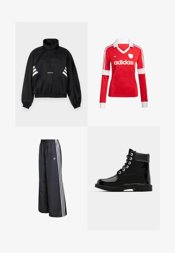 Čierna pulóverová bunda Adidas s polovičným zipsom, bielymi bočnými pruhmi, elastickými manžetami a elastickým lemom na jednofarebnom pozadí.; Červený futbalový dres s dlhým rukávom a bielym golierom a manžetami. Na ramenách sú tri biele pruhy a výrazne zobrazené logo "adidas".; Čierne športové nohavice z ľahkého materiálu, s tromi bielymi vertikálnymi pruhmi a elastickým pásom so sťahovacou šnúrkou.; Čierne lesklé členkové topánky s hladkým lakovaným povrchom, okrúhla špička, šesť očiek na šnurovanie a robustná gumová podrážka.