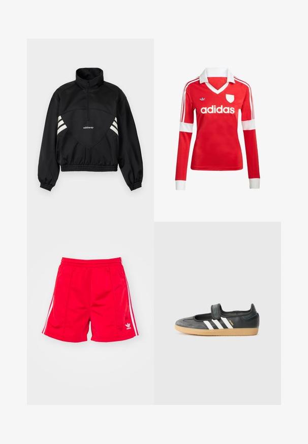 Sort Adidas pulloverjakke med halv lynlås, hvide sidestriber, elastiske manchetter og elastisk kant på ensfarvet baggrund.; Rød langærmet fodboldtrøje med hvid krave og manchetter. Har tre hvide striber på skuldrene og "adidas" logoet fremtrædende vist.; Røde sports shorts med elastisk talje, der har hvide sideløbninger og et broderet logo nederst til venstre. Glat tekstur.; Sort læder- og ruskinds sneakers med en Velcro-rem, der har tre hvide striber og en gummisål, mærket "SAMBA" på siden.