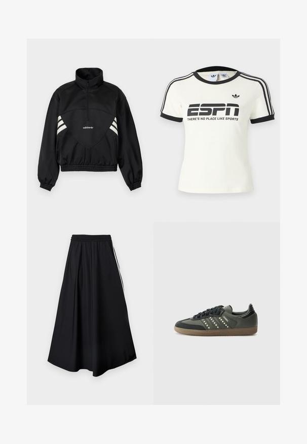 Zwarte Adidas pulloverjas met halve rits, witte zijstrepen, elastische manchetten en elastische zoom op effen achtergrond.; Wit T-shirt met korte mouwen en zwarte accenten, met de tekst "ESPN" en de slogan "THERE'S NO PLACE LIKE SPORTS", en drie zwarte strepen op de schouders.; Zwarte wijde broekspijpen met elastische tailleband en witte strepen aan de zijkant, weergegeven tegen een effen witte achtergrond.; adidas Originals SAMBA OG - Sneakers laag - core black/legend earth/gum