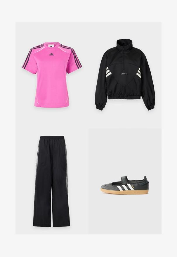 Μαύρο πουλόβερ Adidas με μισό φερμουάρ, λευκές πλαϊνές ρίγες, ελαστικές μανσέτες και ελαστικό τελείωμα σε μονόχρωμο φόντο.; Φωτεινό ροζ αθλητικό μπλουζάκι Adidas με μαύρες τρεις ρίγες στα μανίκια και μαύρο λογότυπο Adidas στο στήθος.; Μαύρο παντελόνι φόρμας με φαρδύ μπατζάκι, ελαστική μέση και τρεις λευκές ρίγες στο πλάι κάθε ποδιού.; Μαύρο δερμάτινο και σουέντ αθλητικό παπούτσι με ιμάντα Velcro, χαρακτηρισμένο από τρεις λευκές ρίγες και καουτσούκ σόλα, με την ένδειξη "SAMBA" στο πλάι.