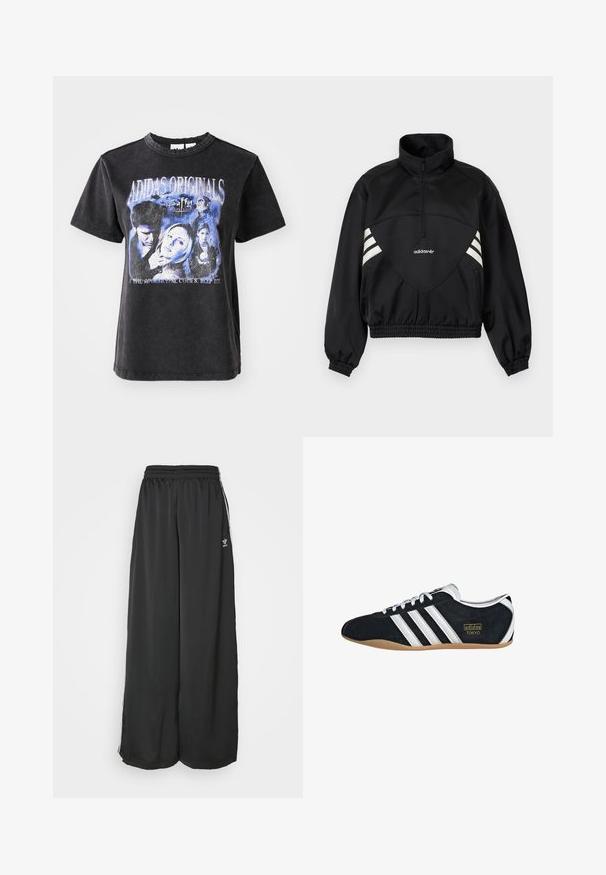 Zwarte Adidas pulloverjas met halve rits, witte zijstrepen, elastische manchetten en elastische zoom op effen achtergrond.; Zwarte katoenen t-shirt met korte mouwen, voorzien van een gewassen grafische druk van personages uit "Buffy the Vampire Slayer" in blauwtinten.; Zwarte, loszittende trainingsbroek van gladde stof. Voorzien van een elastische tailleband en zijstrepen met logo-accenten.; Zwarte suède sneaker met witte drie strepen, gouden logo en een bruine rubberen zool. Heeft een laag profiel vetersluiting ontwerp.