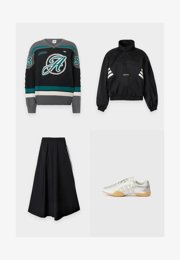 Veste à enfiler noire Adidas avec demi-fermeture éclair, bandes latérales blanches, poignets élastiques et ourlet élastique sur fond uni.; Pull en tricot noir avec col en V, rayures diagonales turquoise et grises, grand logo lettre "A", et ourlet contrastant avec des rayures. Taille 3.; Pantalon noir à jambes larges avec taille élastique et bandes blanches sur les côtés, présenté sur un fond blanc uni.; Chaussure de sport argentée avec une tige en cuir lisse, une semelle en caoutchouc et des accents texturés. Présente un design incurvé et des lacets ton sur ton.