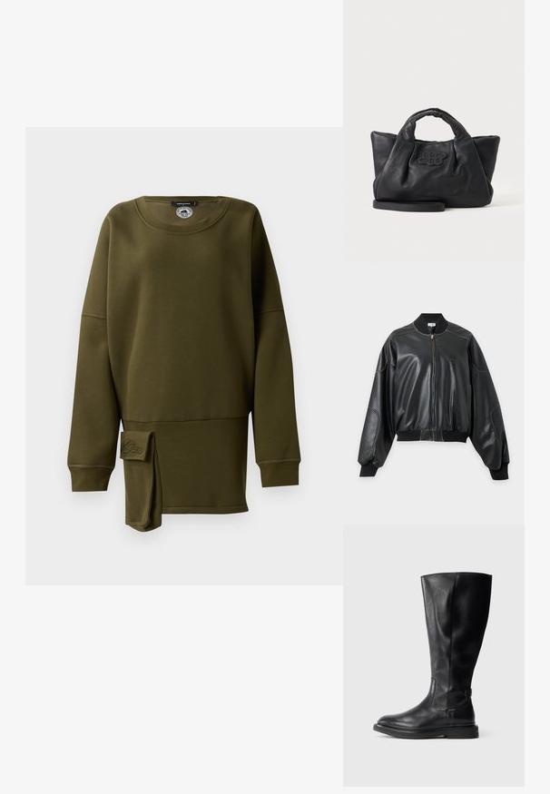 Zwarte bomberjack van nep leer met geribde kraag, manchetten en zoom, met lange ballonmouwen en een frontritssluiting.; Olijfgroene sweatshirt, zachte stof, ronde hals, lange mouwen, zijsplit met stoffen accent, geborduurd logo-detail aan de onderkant voor.; Zwarte leren kniehoge laars met een ronde neus, iets gestructureerde bovenkant en rubberen zool. Voorzien van een zijpaneel voor gemakkelijke instap.; Zwarte zachte leren handtas met korte handvatten, een afneembare riem en een gestikt logo aan de voorkant, op een effen lichte achtergrond.