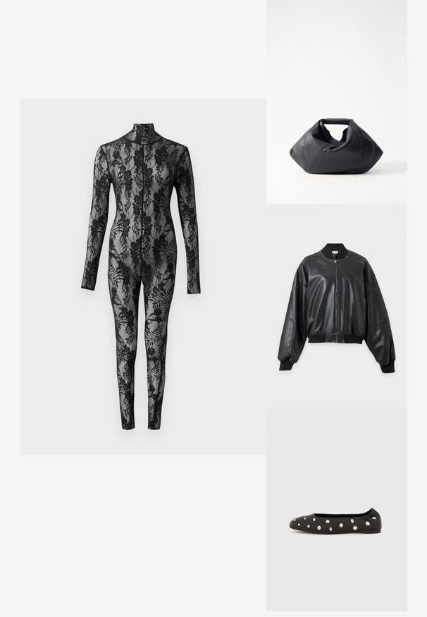 Veste bomber noire en similicuir avec col, poignets et ourlet côtelés, dotée de longues manches ballon et d'une fermeture éclair devant.; Bodysuit en dentelle noire avec des manches longues, un col montant et un motif floral couvrant toute la surface. Design ajusté avec une texture transparente.; Chaussure ballerine noire à bride élastique à l'arrière, ornée de gros clous ronds argentés dispersés sur le dessus, vue de profil sur fond blanc.; Sac en cuir noir avec un extérieur texturé, une forme froissée unique et une courte poignée. Dispose d'un seul compartiment principal.