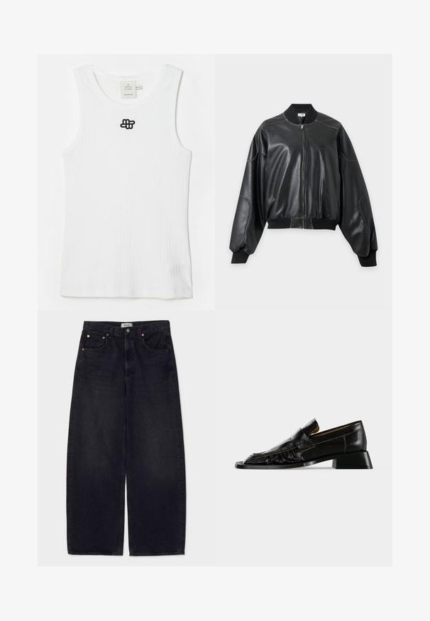Veste bomber noire en similicuir avec col, poignets et ourlet côtelés, dotée de longues manches ballon et d'une fermeture éclair devant.; Débardeur blanc à côtes en coton, avec un col rond et un logo brodé noir en haut à gauche. Design simple, sans manches.; Jean en denim noir à jambes larges avec des boutons cuivrés, deux poches avant et une texture lisse. Design épuré avec une coupe droite.; Mocassin en cuir noir avec un petit talon bloc et un bout arrondi cousu sur un fond clair uni.