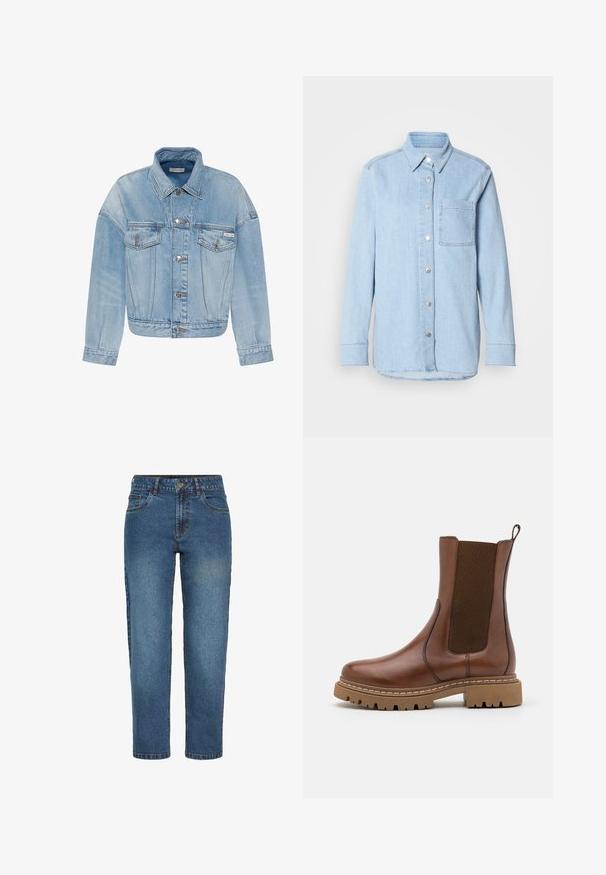 Lichtblauwe spijkerjasje met knoopsluiting, twee klepzakken aan de voorkant en een klein Calvin Klein-logo op de linkerzak.; Lichtblauwe denim shirt met een knoopsluiting aan de voorkant, puntige kraag, één borstzak en lange mouwen met knoopmanchetten.; Blauwe high-waist straight-leg spijkerbroek met voorste knoop en ritssluiting, twee voorzakken en riemlussen.; Bruine leren enkelboot met elastische panelen en een trekomed. Kenmerkt zich door een robuuste rubberen zool en zichtbare stiksels langs de randen.