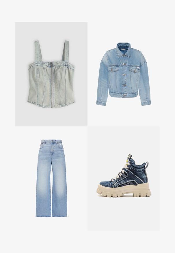 Chaqueta de mezclilla azul claro con cierre de botones, dos bolsillos delanteros con solapa y un pequeño logo de Calvin Klein en el bolsillo izquierdo.; Top corset de mezclilla azul claro con tirantes anchos, cierre frontal con cremallera, detalles de costuras verticales y dobladillo recto.; Vaqueros de pierna ancha de tiro alto azul claro con cierre frontal de botón y cremallera, bolsillos delanteros y traseros, y un ligero detalle desgastado en el bolsillo derecho.; Buffalo ASPHA MID - Zapatillas altas - blue