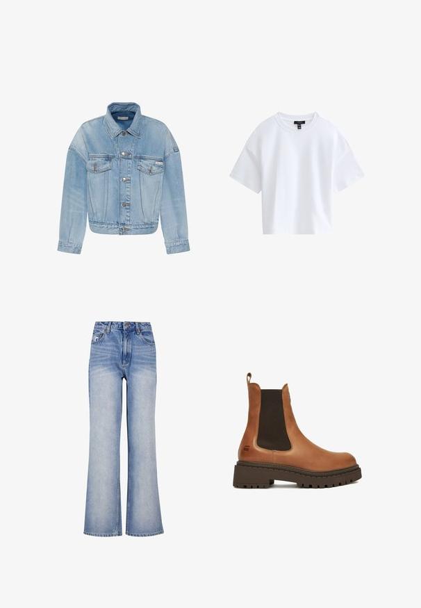Chaqueta de mezclilla azul claro con cierre de botones, dos bolsillos delanteros con solapa y un pequeño logo de Calvin Klein en el bolsillo izquierdo.; Camiseta blanca sencilla de manga corta y corte cropped con escote redondo y etiqueta negra de la marca dentro del cuello.; Jeans de mezclilla de un azul claro, de pierna ancha, con cintura alta, cierre de botón, un ligero desvanecimiento y un diseño clásico de cinco bolsillos.; Bota Chelsea de cuero marrón con suela gruesa de goma negra y paneles laterales elásticos, con una lengüeta en la parte trasera.