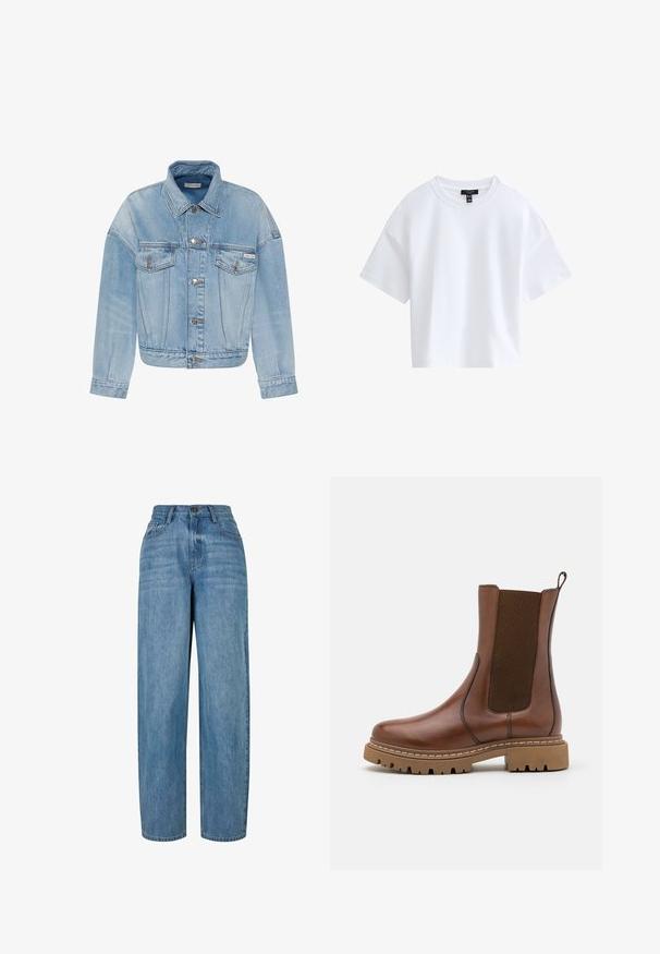 Lyseblå denimjakke med knaplukning, to forlommer med klap og et lille Calvin Klein-logo på venstre lomme.; Simpel hvid kortærmet crop top med rund halsudskæring og sort mærke indeni kraven.; Lyseblå denimjeans med lige ben-design, der har en knaplukning, fem lommer og subtilt slid i stoffet.; Brune læder ankelstøvle med elastiske paneler og en trækflap. Har en kraftig gummisål og synlige stikninger langs kanterne.