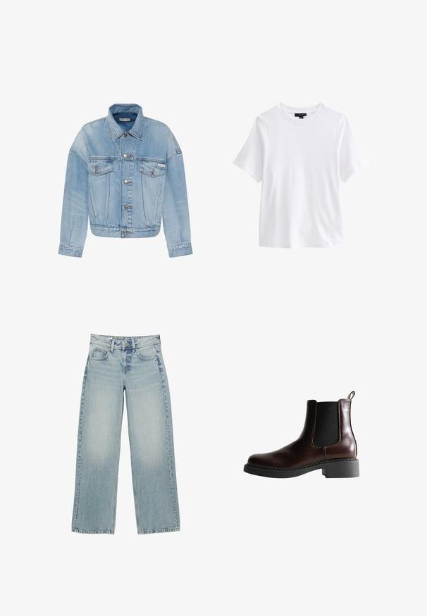 Lyseblå denimjakke med knaplukning, to forlommer med klap og et lille Calvin Klein-logo på venstre lomme.; Hvid t-shirt med korte ærmer og rund halsudskæring med en sort tøjetiket inde i kraven på hvid baggrund.; Lysblå denim bredbukser med høj talje, der har fem lommer, knaplukning og subtile falmninger for en slidt effekt.; Brune læder ankelstøvle med elastiske sidepaneler, rund tå og en struktureret sort gummisål. Har kontrasterende syninger og en trækflap.