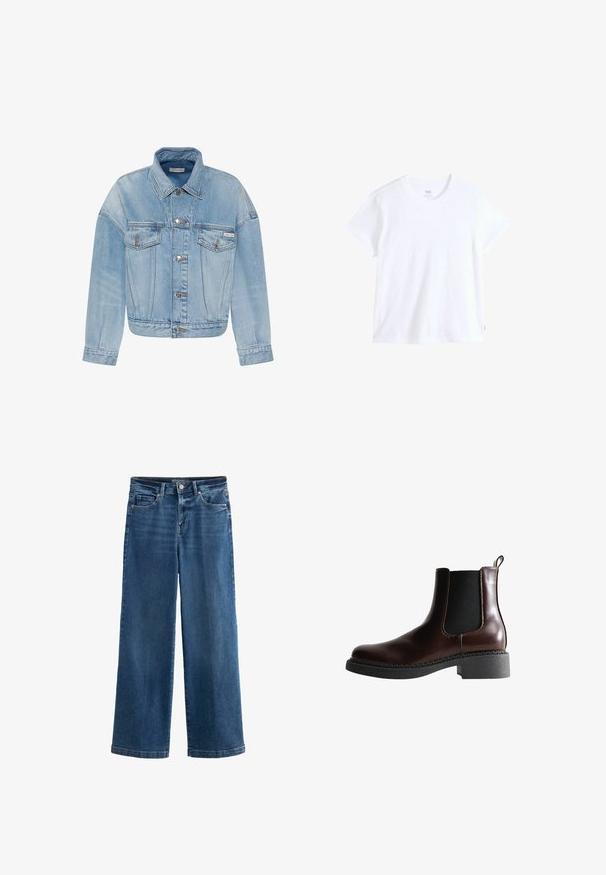 Hellblaue Jeansjacke mit Knopfverschluss, zwei aufgesetzten Taschen vorne und einem kleinen Calvin Klein-Logo auf der linken Tasche.; Weißes Baumwoll-T-Shirt mit kurzen Ärmeln, rundem Ausschnitt und geradem Saum. Mit kleinem rotem Logostreifen an der unteren linken Seite.; Blaue weit geschnittene Jeans aus Denim mit hoher Taille, fünf Taschen, subtilen Abnutzungserscheinungen, Knopfverschluss und kontrastierenden Nähten.; Braune Leder-Boots mit elastischen Seitenteilen, runder Spitze und einer strukturierten schwarzen Gummisohle. Verfügt über kontrastierende Nähte und eine Ziehlasche.