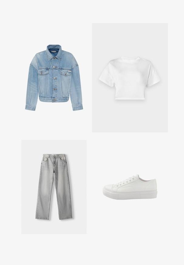 Hellblaue Jeansjacke mit Knopfverschluss, zwei aufgesetzten Taschen vorne und einem kleinen Calvin Klein-Logo auf der linken Tasche.; Weißes, kurzes T-Shirt aus Baumwolle. Kurze Ärmel, runder Ausschnitt, glatte Textur, lässiges Design ohne Muster oder Verzierungen.; Helle graue Jeans aus Denim mit geradem Bein, ausgestattet mit zwei vorderen Taschen, einem Knopfverschluss und subtilen Abnutzungen für Struktur.; Weißer Sneaker mit niedrigem Schaft und Schnürung vorne, dicker Gummisohle und minimalen Nähten, von der Außenseite gezeigt.
