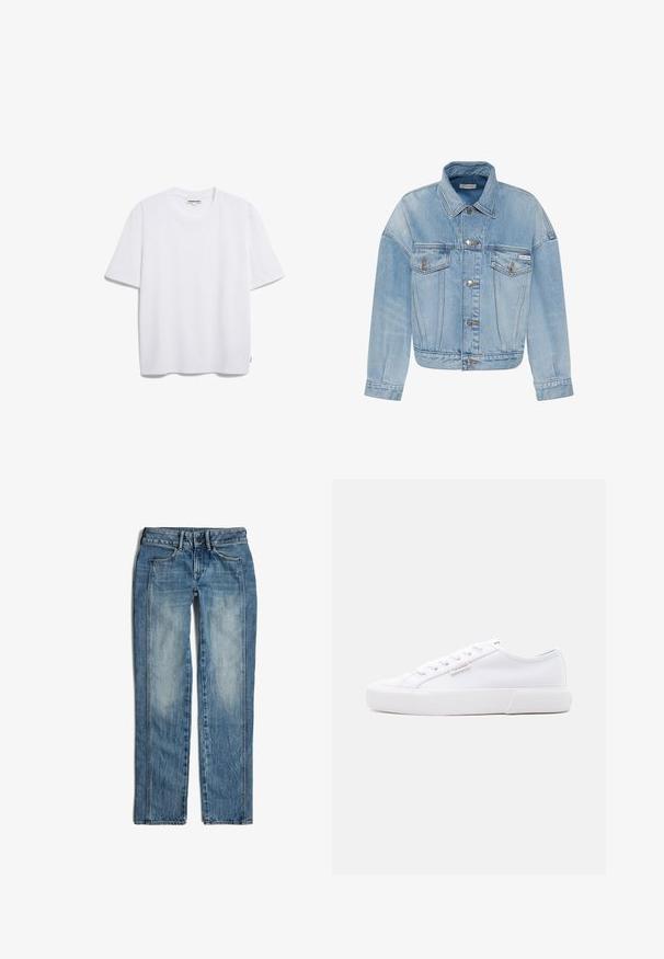 Hellblaue Jeansjacke mit Knopfverschluss, zwei aufgesetzten Taschen vorne und einem kleinen Calvin Klein-Logo auf der linken Tasche.; Weißes Baumwoll-T-Shirt mit kurzen Ärmeln, runder Halslinie und lockerer Passform. Keine sichtbaren Muster oder Logos. Glatte Textur.; Blaue Denim-Jeans mit geradem Bein, Frontknopf und Reißverschluss sowie zwei vorderen Taschen mit ausgewaschenen Details.; Weißer Sneaker mit niedrigem Schaft, Plateau-Sohle, Schnürung vorne und kleinem Calvin Klein Logo-Tag an der Seite.