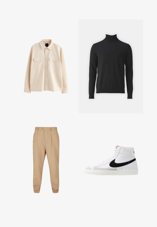 Beežika värvi pikkade varrukatega särk-jakk krae, nööbitava eesmy, kahe nööbitava klapitaskuga rinnal.; Must must-sweater, mis valmistatud pehmest kangast, pikkade varrukate ja ribaga kraega, sileda tekstuuri ja paremini istuva disainiga.; Beežid kohandatud pükstest, millel on voldid, nööbid, vööaugu ringsus ja kitsenevad jalad, valge taustaga.; Valged kõrgemad tenniseked musta logoga, tekstureeritud halli varbakattega ja lapikuga valge tallaga. Omab kuut silmust ja õmmeldud detaile.
