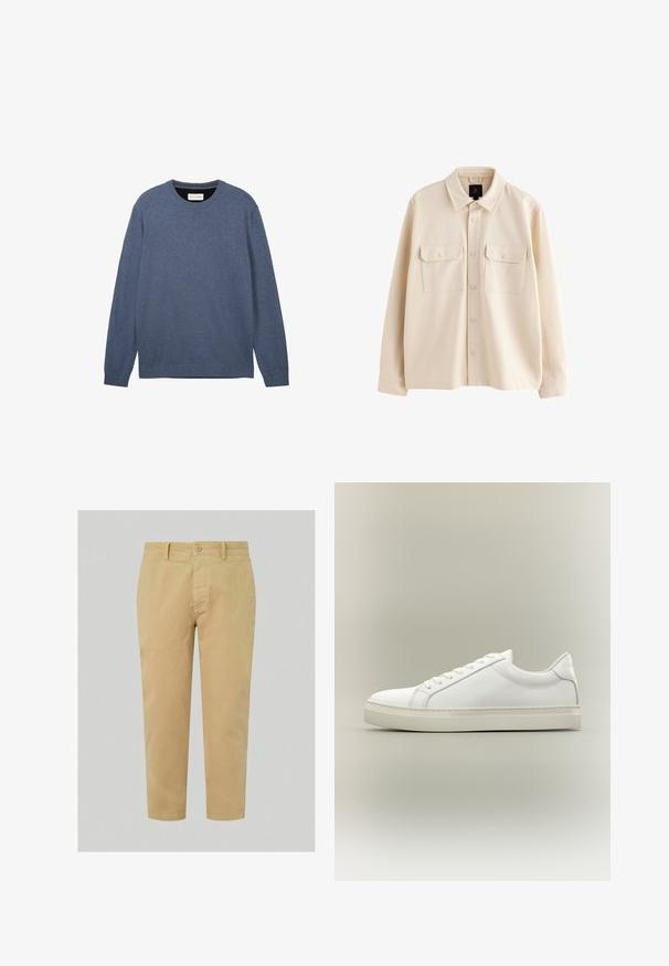 Beige langærmet skjortejakke med krave, forside med knapper og to brystlommer med klapper og knapper.; Crewneck sweater i mørkeblå, fremstillet af blødt stof med en glat tekstur, der har lange ærmer og ribbede manchetter samt kant.; Khaki chinos med lige ben, der har en frontknaplukning, bælteløb og glat bomuldsstof. Forkortet længde.; Hvid lavtop sneaker med snørebånd foran og tyk sål, vist fra siden mod en neutral baggrund.