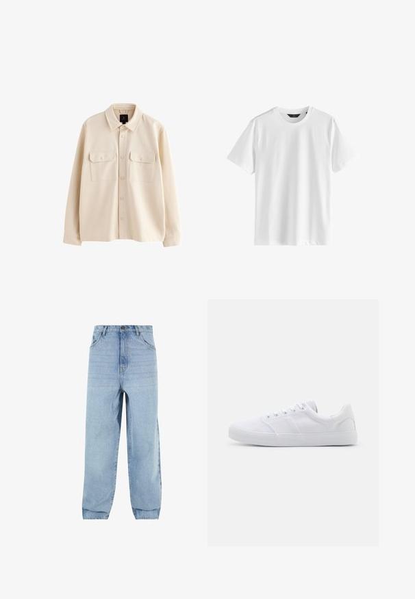 Beige overhemdjas met lange mouwen, kraag, knoopsluiting aan de voorkant en twee borstzakken met klep en knopen.; Effen wit T-shirt met korte mouwen en een ronde hals van gladde stof met een zwart label bij de kraag.; Lichtblauwe denim jeans met een losse pasvorm, hoge taille en vijf zakken. Voorzien van riemlussen en een knoopsluiting. Glad textuur.; Witte canvas sneakers met een rubberen zool, voorzien van zes oogjes, een gestructureerde neuskap en een minimalistisch ontwerp.