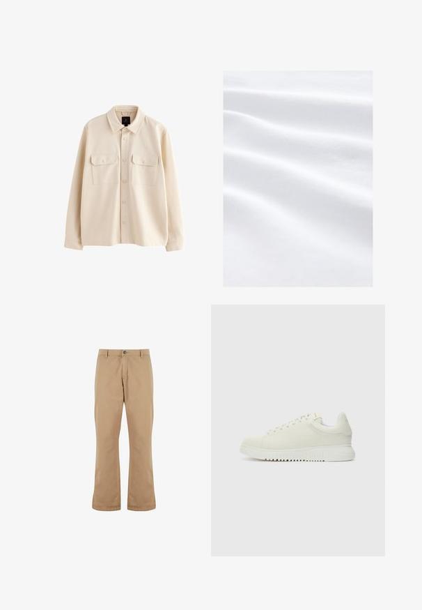 Beige overhemdjas met lange mouwen, kraag, knoopsluiting aan de voorkant en twee borstzakken met klep en knopen.; Zacht, glad wit stof met subtiele horizontale vouwen en een fijn, gestructureerd weefpatroon, gelijkmatig verlicht zonder schaduwen.; Beige katoenen broek met een rechte snit, voorzien van een knoopsluiting, zijzakken en een gladde textuur.; Witte leren sneaker met een textuur bovenkant, ronde neus, vlakke witte zool en tonale veters. Subtiele branding op de tong.