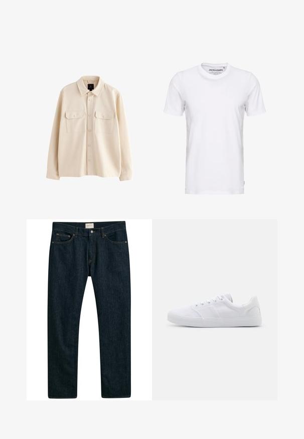 Beige overhemdjas met lange mouwen, kraag, knoopsluiting aan de voorkant en twee borstzakken met klep en knopen.; Witte korte mouwen t-shirt van katoen, met een ronde hals en een eenvoudig ontwerp. Merktag zichtbaar op het nekgebied. Geen patronen of accenten.; Donkerblauwe denim jeans met een recht model, vijf zakken en contrasterende stiksels op de naden. Gladde stofstructuur.; Witte canvas sneakers met een rubberen zool, voorzien van zes oogjes, een gestructureerde neuskap en een minimalistisch ontwerp.