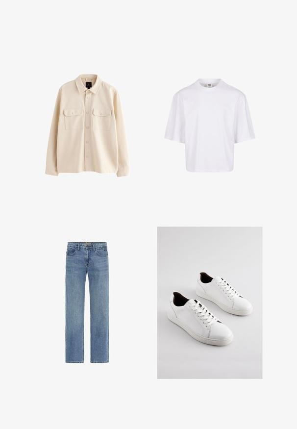Beige langærmet skjortejakke med krave, forside med knapper og to brystlommer med klapper og knapper.; Hvid t-shirt med korte ærmer, der har en rund halsudskæring og en afslappet pasform, lavet af et glat bomuldsblandingsstof. Ingen mønstre eller udsmykninger.; Lyseblå denimjeans med lige ben, der har klassisk fem-lommede design og synlige syninger. Ingen udsmykninger.; Hvide lædersneakers med lav profil, perforerede sider, flade snørebånd og en kontrasterende brun indvendig foring. Gummisål med tekstureret mønster.