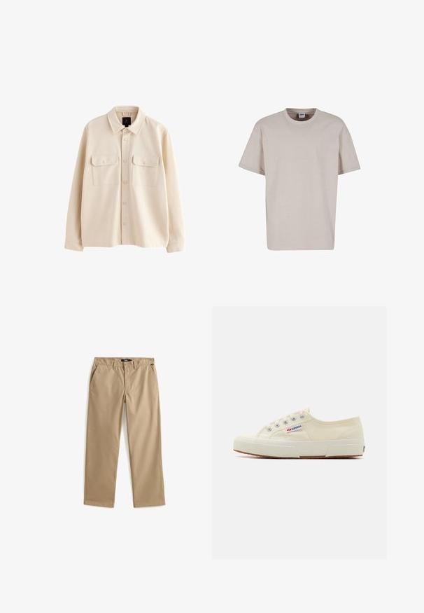 Cazadora camisa beige de manga larga con cuello, cierre de botones y dos bolsillos en el pecho con solapas y botones.; Urban Classics CUFF TEE - Camiseta básica - cloud; Pantalones chinos beige de pierna recta hechos de tela de algodón ligera. Presentan dos bolsillos delanteros y cierre de botón. Textura suave, detalles mínimos.; Zapatillas de lona beige con un diseño de perfil bajo, ojales de metal y suela de goma. Presenta un patrón texturizado y detalle del logo en el lateral.