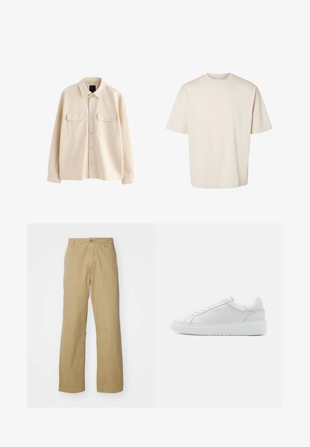 Beige langærmet skjortejakke med krave, forside med knapper og to brystlommer med klapper og knapper.; Simpel beige kortærmet oversize bomuld t-shirt med rund halsudskæring, vist fladt på hvid baggrund.; Khaki bomuldsbukser med lige ben, der har en frontknaplukning og sidelommer. Glat, robust tekstur.; Hvide lædersneakers med en glat tekstur, rund tå, lav profil og diskret branding på siden. Polstret krave og snørebånd.
