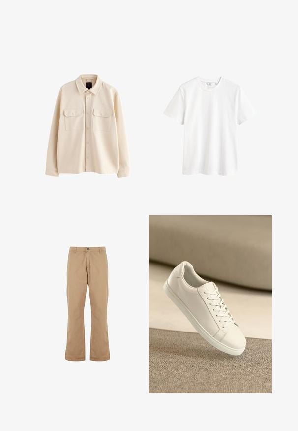 Beige overhemdjas met lange mouwen, kraag, knoopsluiting aan de voorkant en twee borstzakken met klep en knopen.; Effen witte T-shirt met korte mouwen en een ronde hals, met een klein merkje in de kraag.; Beige katoenen broek met een rechte snit, voorzien van een knoopsluiting, zijzakken en een gladde textuur.; Witte leren sneaker met witte veters, weergegeven op een beige textuurovervlak en een zacht vervaagd achtergrond.