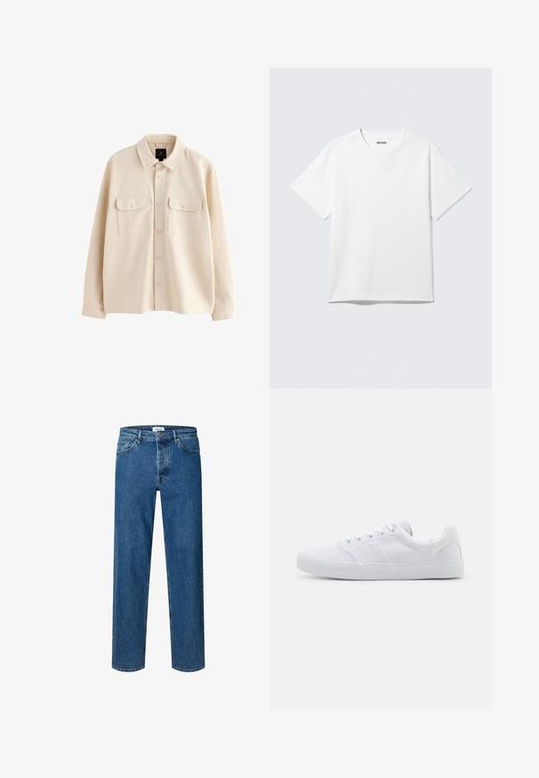 Cazadora camisa beige de manga larga con cuello, cierre de botones y dos bolsillos en el pecho con solapas y botones.; Camiseta blanca de manga corta con cuello redondo, colocada plana, diseño liso, con etiqueta "WEEKDAY" en el interior del cuello sobre un fondo claro.; Vaqueros azul de corte recto con cierre de botón y cremallera, trabillas para el cinturón y diseño de cinco bolsillos.; Zapatillas de lona blancas con suela de goma, que cuentan con seis ojales, una puntera texturizada y un diseño minimalista.
