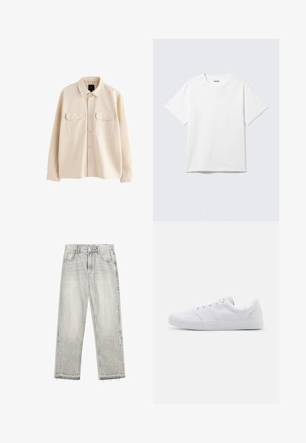Beige langärmelige Hemdjacke mit Kragen, Knopfleiste vorne und zwei Brusttaschen mit Klappen und Knöpfen.; Weißes T-Shirt mit kurzen Ärmeln und Rundhalsausschnitt, flach liegend, schlichtes Design, mit „WEEKDAY“-Etikett innen im Kragen auf hellem Hintergrund.; Hellgraue Jeans aus Denim mit leicht gefärbtem Finish, geradem Schnitt, fünf Taschen-Design und ausgefranstem Saum. Flacher Bund mit Gürtelschlaufen.; Weiße Leinenschuhe mit Gummisohle, ausgestattet mit sechs Ösen, einer strukturierten Zehenkappe und minimalistischer Gestaltung.